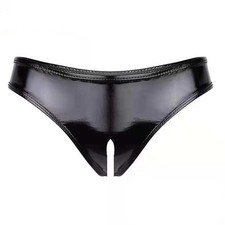 Women's Latex Wetlook PVC Leather Lingerie Open Crotch Briefs Panties Underwear