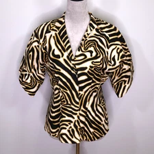 Metro Style Jacket Womens 6 Animal Print Linen Cotton Blend Snaps Lined Vintage