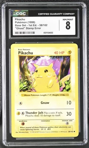 CGC 8 Pikachu 1999 Base Set 1st Edition 58/102 "Ghost" Stamp Error Pokemon Card