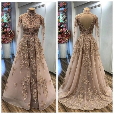 Golden Lace Appliques Evening Dresses High Neck Long Sleeve Luxurious Prom Gowns