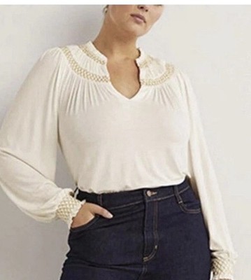 Boden Ivory Smocked Sz 14 Yoke Gold Metallic Embroidered Peasant Blouse Boho NWT