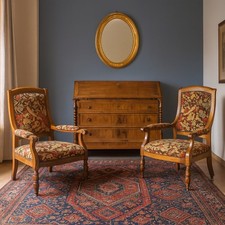 Poltrone Antiche Noce Acero Tessuto Italia Fine XIX Secolo Originale