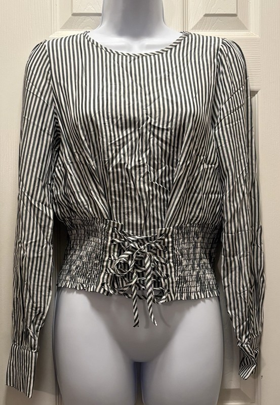 GB Green & White Striped Corset Long Sleeve Top Size Small