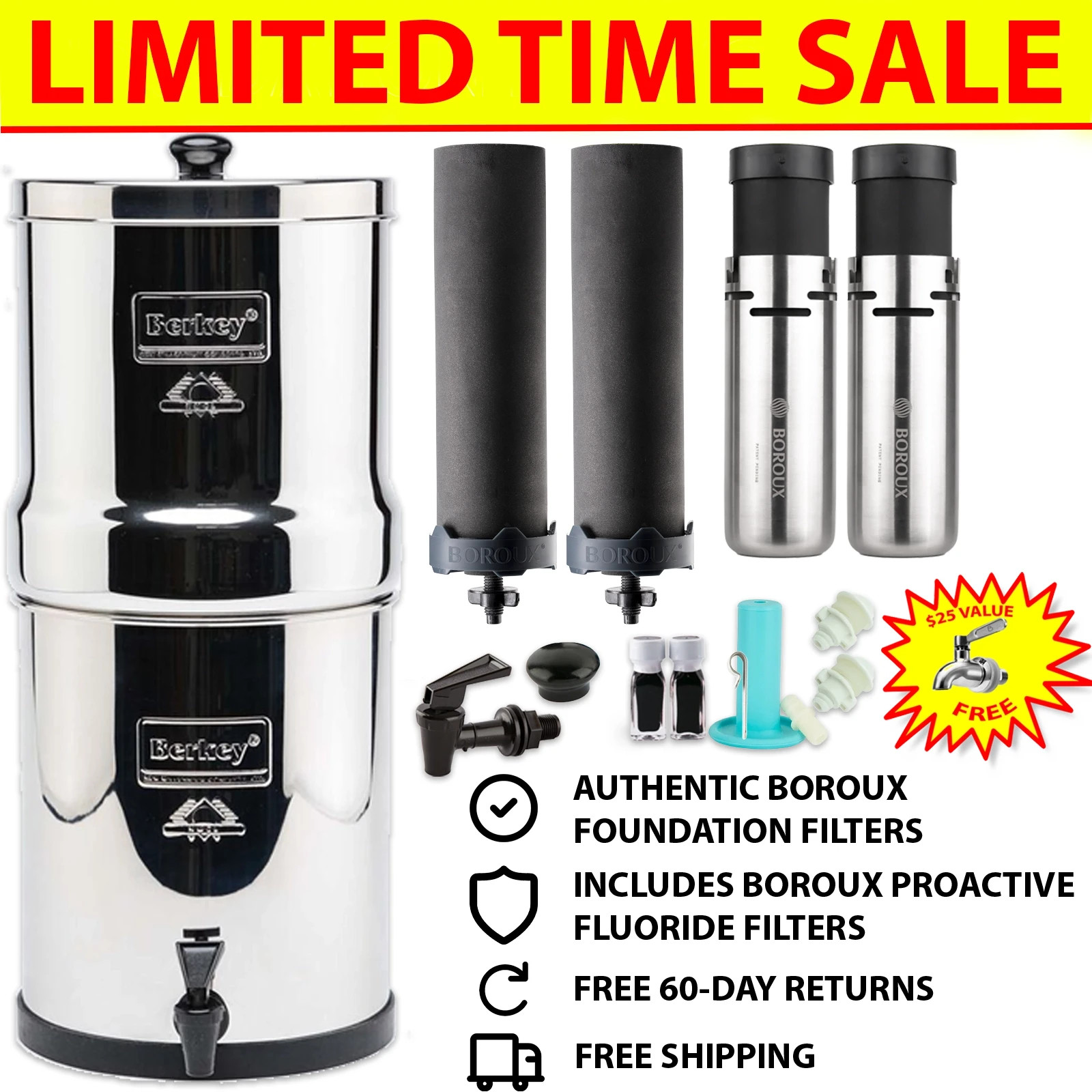 Crown Berkey Water Filter with 2 Boroux Foundation Black and 2 Fluoride Filters
