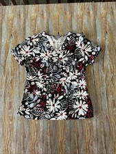 Grey's Anatomy Women's Red Black White Gray Floral Print Scrub Top L 100 Cotton
