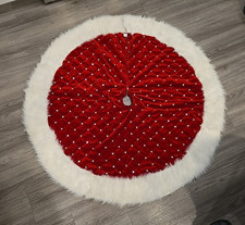 Christmas Eve Santa's Best Tree Skirt 48 Red Velvet Sequins Beads Faux Fur Trim