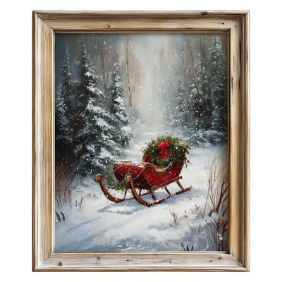 Vintage Christmas Sleigh Wall Art Print, Rustic Winter Oil Painting Style, Re...