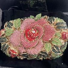 New Gold With Multi Color Floral Austrian Crystal Hardshell Clutch Bag