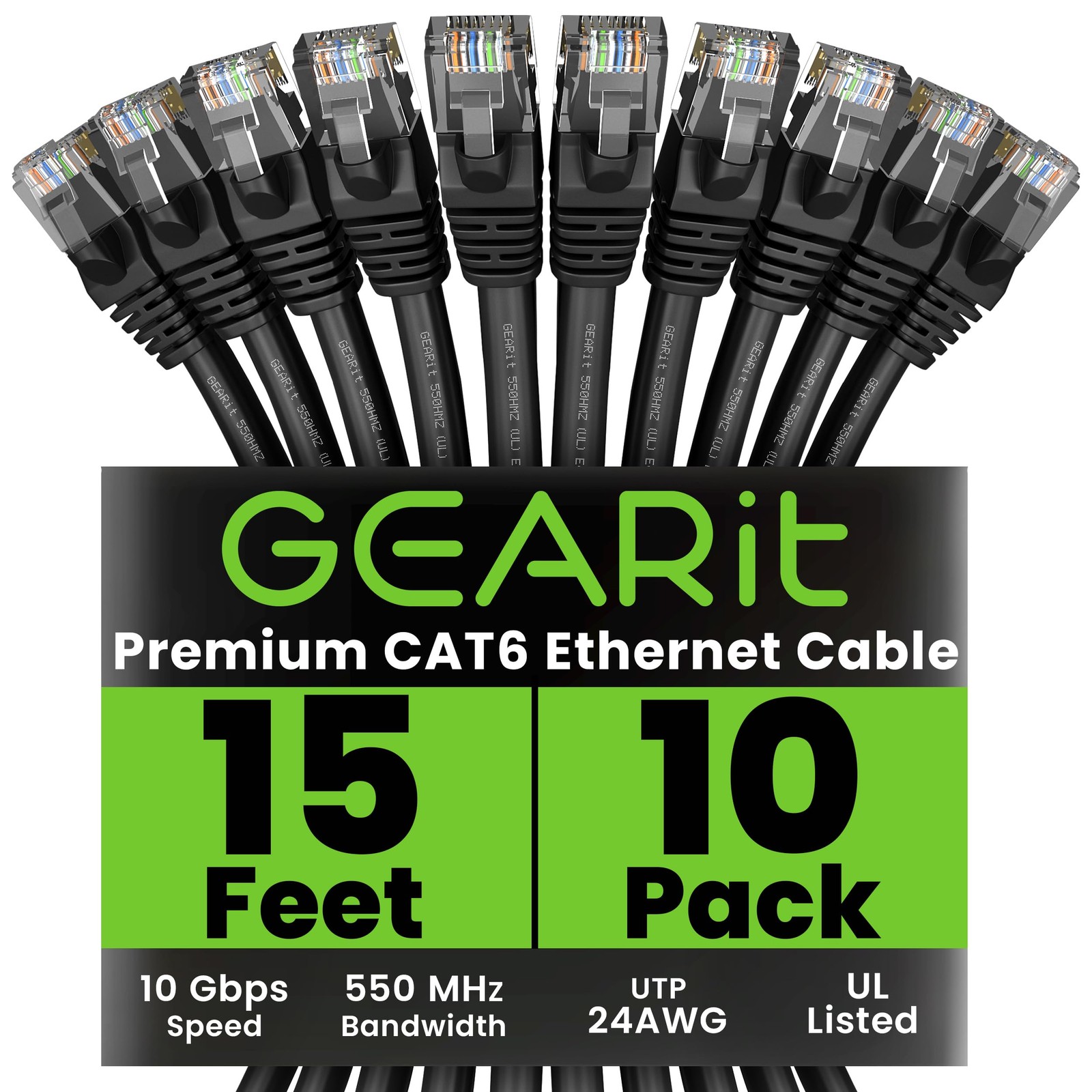 Cat 6 Ethernet Cable (10-Pack 15 Feet) Cat6 Network Patch, 10Gbps, RJ45, Snag...