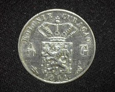 CURACAO 1901 1/10 GULDEN KM36 .0288 ASW SILVER ABOUT UNCIRCULATED ~E22