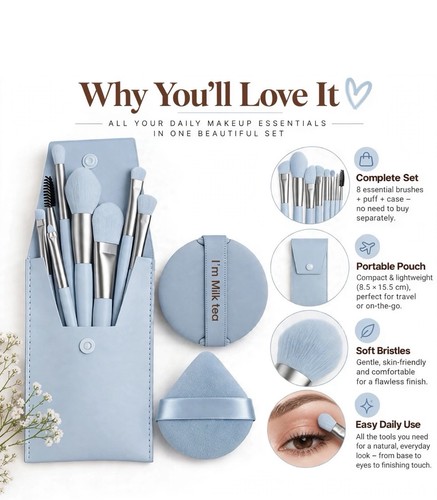 8Pcs Makeup Brush Set Foundation, Blush, Eyeshadow, Lip Brushes with Bag Case