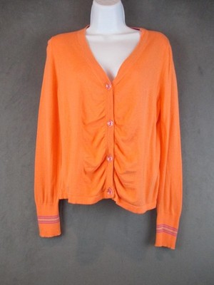 Lisa Todd Cardigan Sweater Womens Medium Orange Ruched Button Front Stripe Cuff