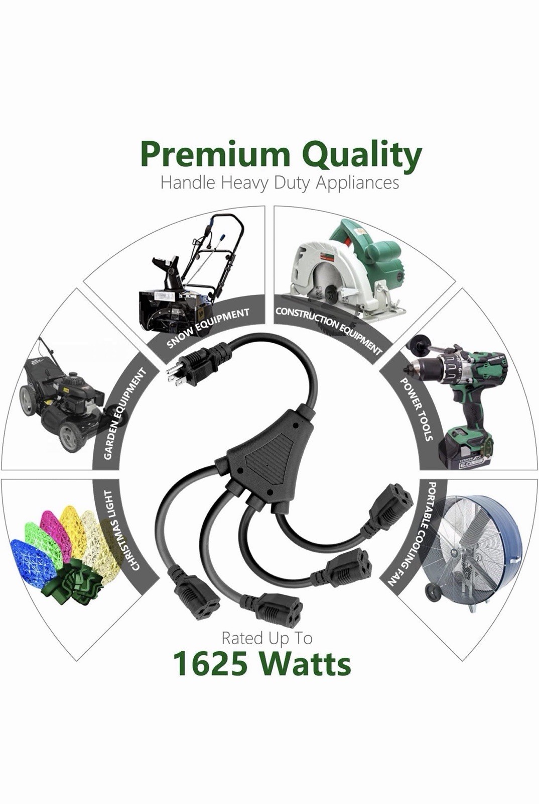 2 Pack 20 Inch 1 to 3 Extension Cord Splitter, 16/3 SJTW 3 Prong