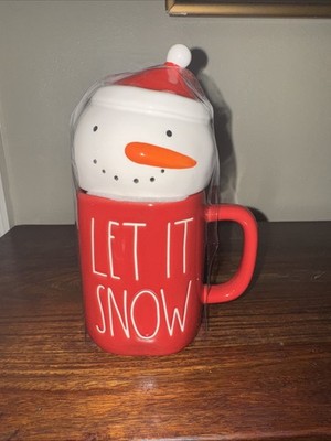New Rae Dunn ''Let It Snow'' Coffee Mug With Snowman Topper Christmas Mug