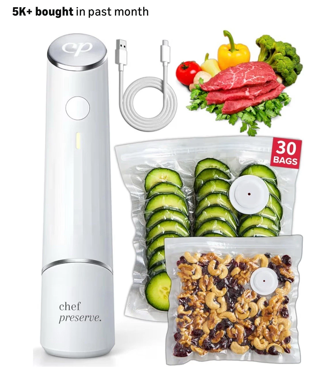 Chef Preserve Compact Vacuum Sealer for Food Vacuum Sealer Machine + 30 Reusable