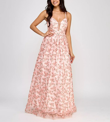 BCX Juniors' 3D Floral Deep V-Neck Open-Back Gown MSRP $199