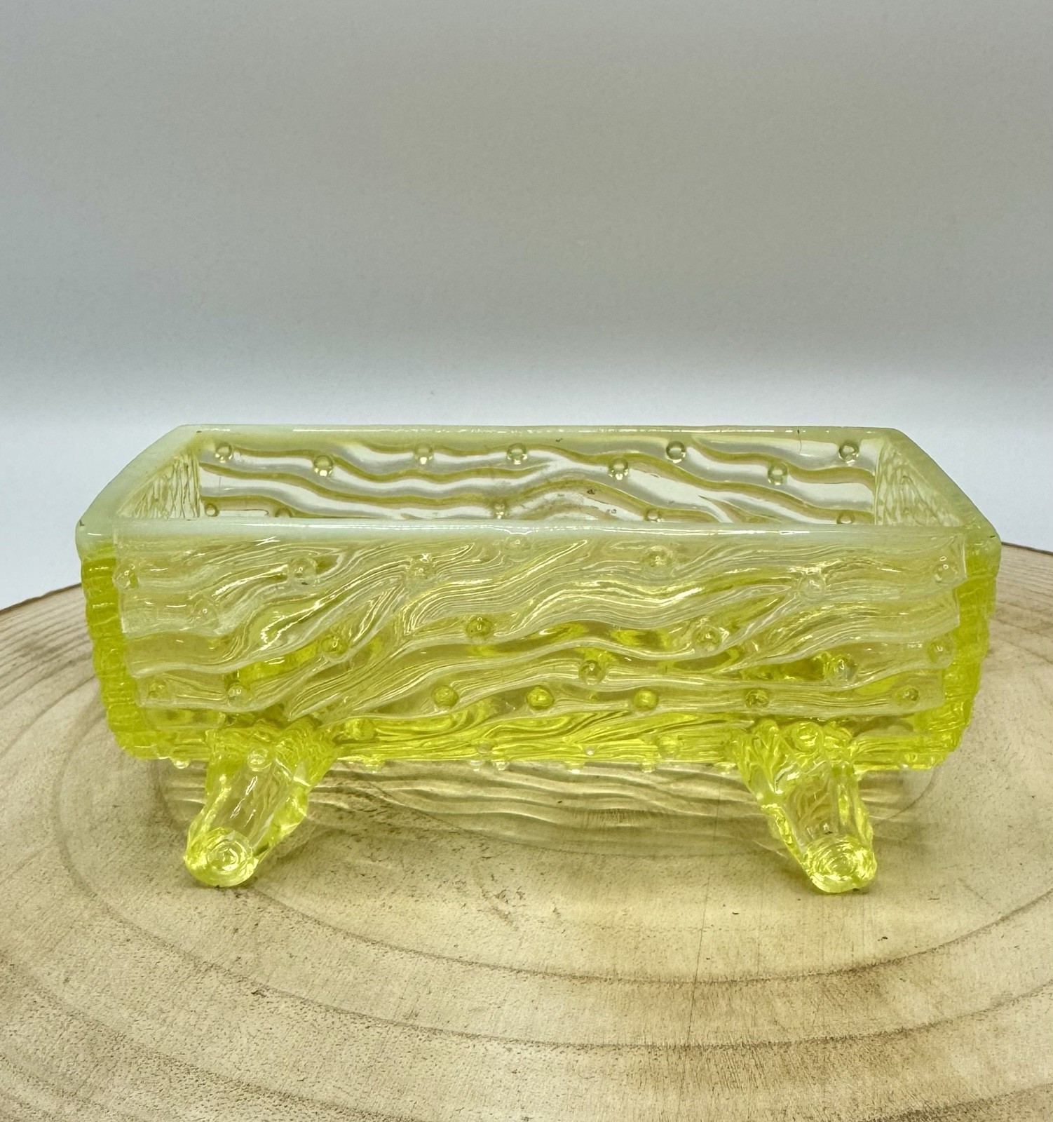 Antique Northwood Vaseline Glass Half Log Sugar Dish Glows Some Damage