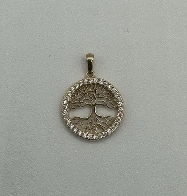 14K Gelbgold Lebensbaum Charm Anhänger Runde Steine 0,80'' 1,36 g