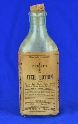 RARE PRIEST'S ITCH LOTION ADVERTISING BOTTLE - PRIEST DRUG CO. BANGOR ME c1900