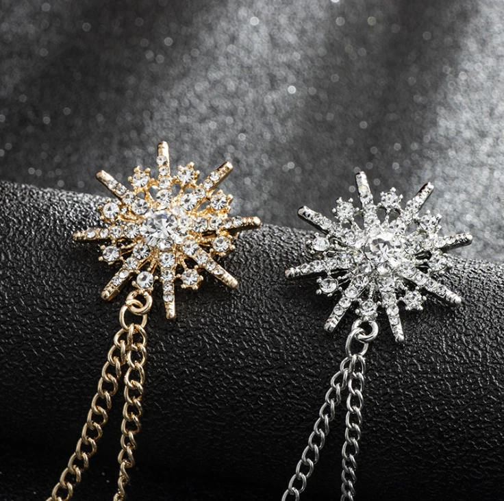 Men Crystal Snowflake Star Suit Jacket Coat Brooch Pin Jewelry Accent Chain  BP