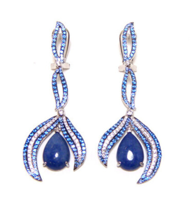 Pear-Shaped Sodalite and Simulated Diamond, Tanzinite Dangle Drop Earrings in 92