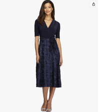 Alex Evenings Tea Length Jersey and Rosette Lace Dress (Navy, 16)