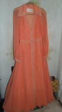 Estevez 60s 70s Vintage Coral Chiffon Lace Evening Layered Maxi Fit Flare Dress