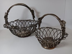 Vintage Godinger Silverplate Wire Basket Set Grapevine Leaves Folding Handles
