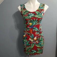Vintage Paradise Found Honolulu Hawaii Tropical Leaves Parrots Red Mini Dress S
