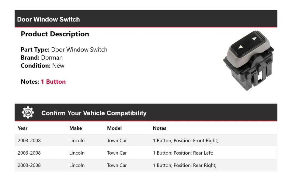 Interruptor de ventana de puerta para Lincoln Town Car Dorman 2003-2008 2004 2005 2006 2007 Foto 2 de 4