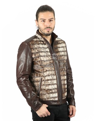 Herren braunes Rindshaar auf Fell mit Krokodildruck vorne Echtleder Napa Jacke