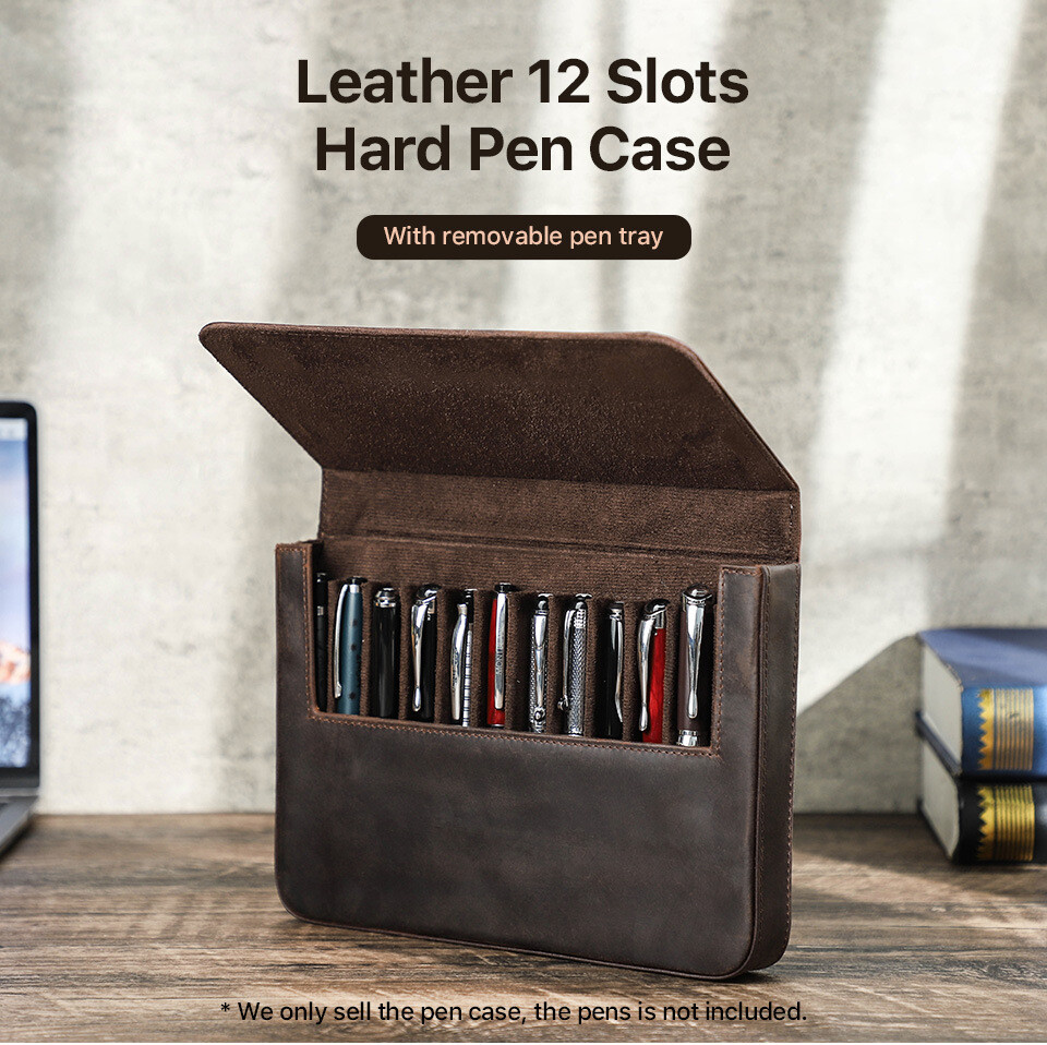 Genuine Leather 12 Slots Hard Fountain Pen Case Stationery Storage Box Organizer