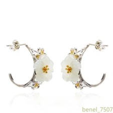 Jade Flower Earrings for Women Vintage Charm Jewelry Carved Amulets Ear Studs