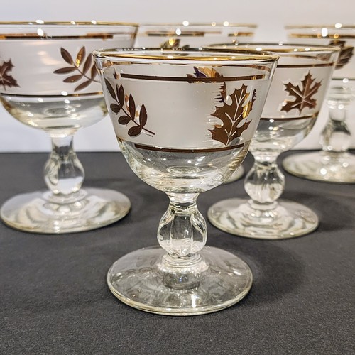 Vintage Mid Century Set of 8 Libbey GOLDEN FOLIAGE Frosted Band Glass Barware - Picture 5 of 15