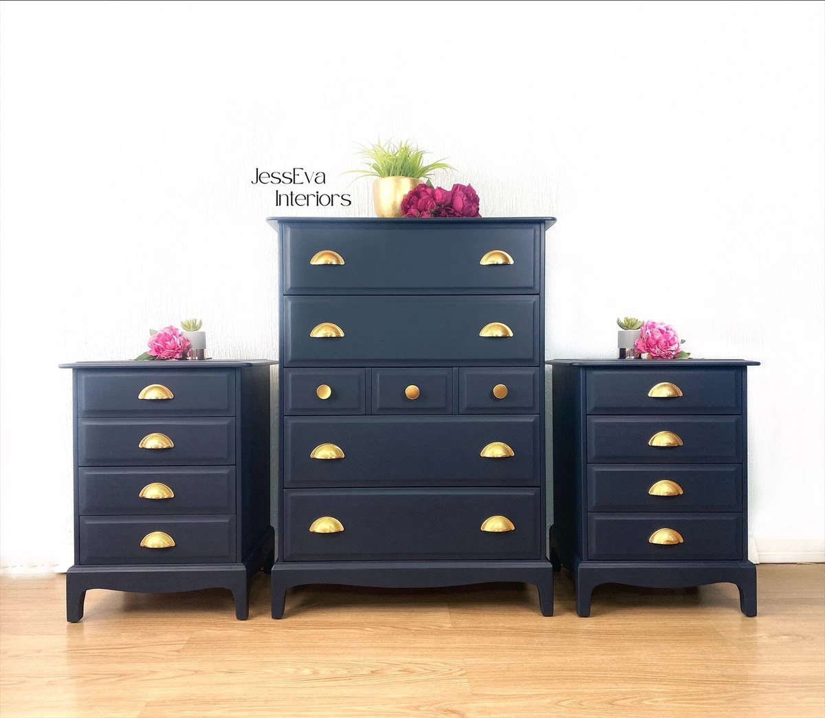 Navy Blue Stag Furniture Set Chest Of Drawers Tallboy and 2 Bedside Tables