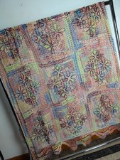 RECLAIMED HANDCRAFT MULTICOLOURED GEOMETRIC BED COVER BEDSPREAD 