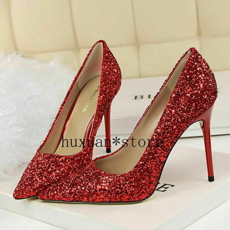 Plus Size Wedding Shoes Glittering Pumps Shiny Party Stiletto Gold
