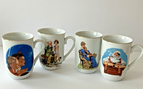 Vintage Set Of 4 Norman Rockwell Museum Coffee Mug Tea Cups 1982+1987 Gold Trim