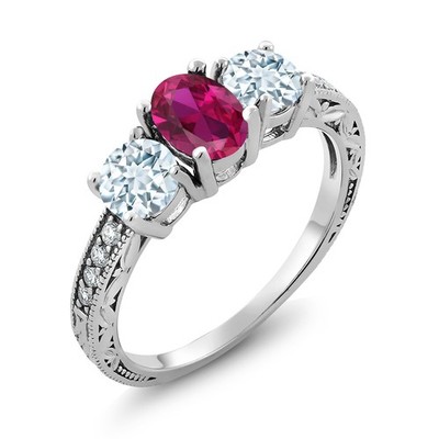 1.97 Ct Oval Red Created Ruby Sky Blue Aquamarine 925 Sterling Silver Ring Set