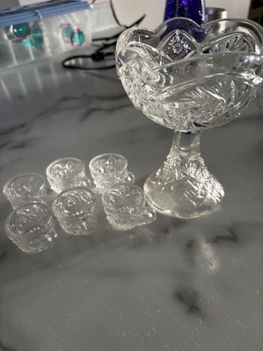 Antique Childs EAPG Whirlybird Gig Buzz Star Punch Bowl And 6 Matching Cups