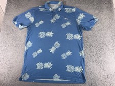 Puma Golf Polo Shirt Mens Large Blue Pineapple Print Logo Pima Cotton