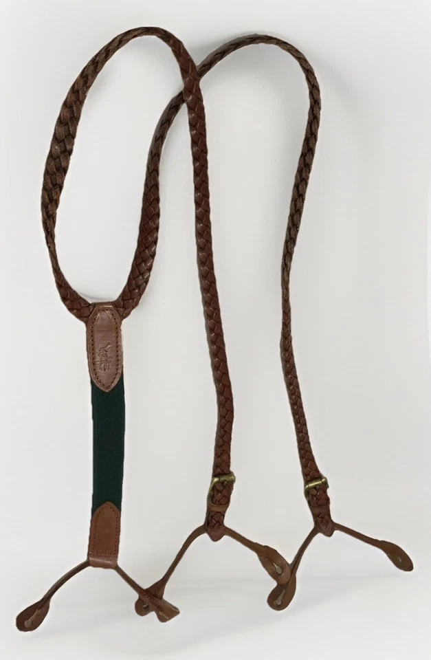 VTG Polo Ralph Lauren 90s Leather Grain Braided Suspenders Brass Buckle England - Image 2 of 4