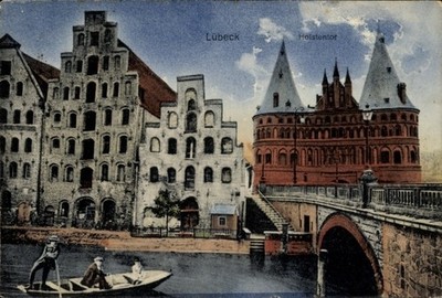 Postcard Hanseatic City of Lübeck, Holsten Gate, buildings, water, boats - 5015512