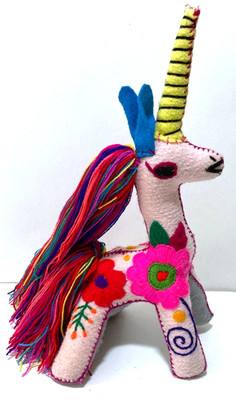 Folk Art Felt Embroidered Plush Unicorn Mexico Handmade Colorful Yarn Flowers