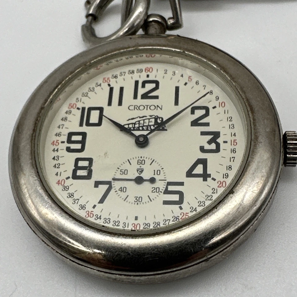 Vintage CROTON Open Face Pocket Watch w/Railroad Train Theme Silver Tone - Image 2 of 4