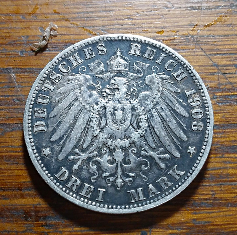 1908 A German Empire Deutsches Reich 3 Mark Silver Coin 0.9 Fine KM#25