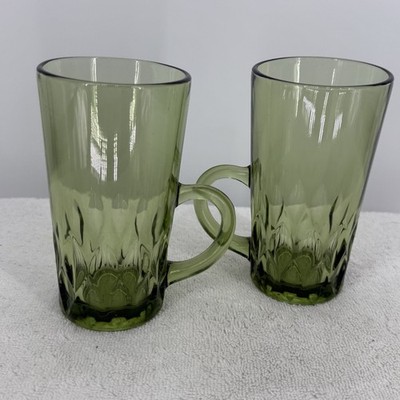 Vtg MCM Green Glass Tumbler With Handle Anchor Hocking Diamond Facet 5.5'' (2)