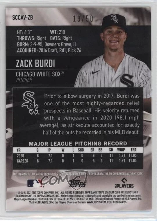 2021 Topps Stadium Club Chrome Gold Refractor /50 Zack Burdi Rookie Auto RC - Image 2 of 2