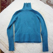Saks Fifth Avenue Teal Blue 100% Extra Fine Merino Wool Turtleneck Sweater S