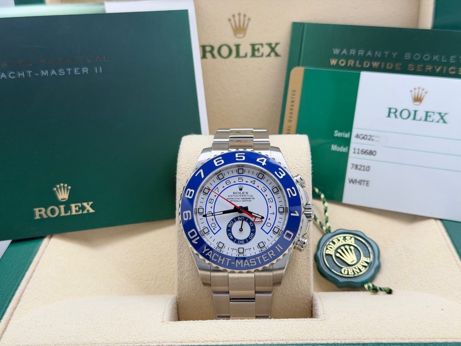 Rolex Yacht Master II 116680 44mm White Dial Blue Ceramic Bezel Steel Box Papers
